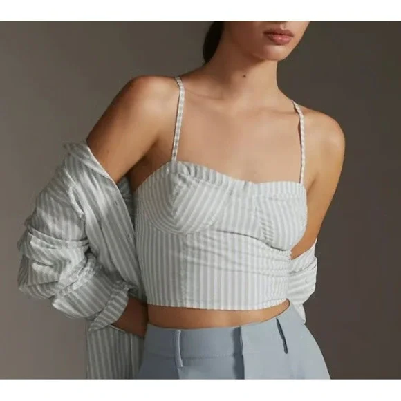 Anthropologie | Striped Bustier Crop Top Sage Green | Women's XS - Picture 1 of 7
